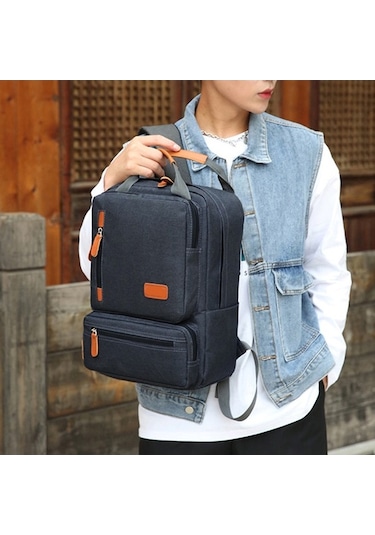 Fastbuy Dış Mekan Seyahati İçin 3'lü Set: Dikişli Laptop Sırt Çantası, Orta Çanta, Küçük Cep - Mavi Mavi MAVİ