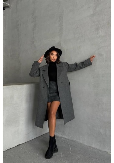 Neşeli Butik Kadın Astarlı Antrasit İthal Kaşe Kaban Nbg048 Antrasit