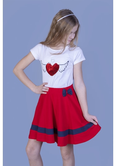Toontoy Kız Çocuk Pul İşlemeli Kalp Nakışlı Etekli Takım Kırmızı