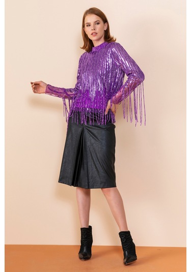 Sequin Detaylı Şık Bluz Zarif Taş Ve Püskül Detaylarıyla Modern Tasarım Mor