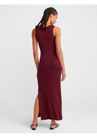 Dilvin 91381 Yırtmaç Detaylı Midi Boy Elbise-bordo Bordo