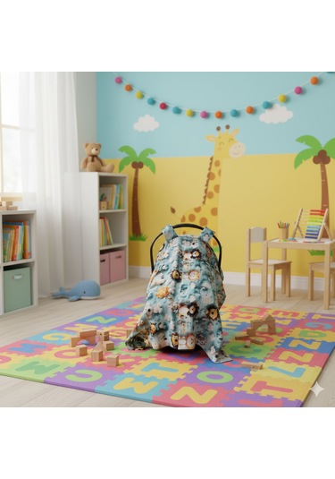 Sevimli Hayvan Desenli 3D Dijital Baskı Pamuk Müslin Kumaş Puset Örtüsü Mavi