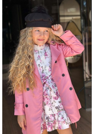 Riccotarz Kız Çocuk Üzeri Dantel İşlemeli Elbise Çift Cep Detaylı Kemerli Pembe Trençkot Pembe