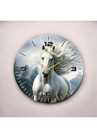 Beyaz At Renkli Baskı Hayvan Desenli Sayılı Hediyelik Ahşap Sessiz Duvar Saati 50cm ÇOk Renkli