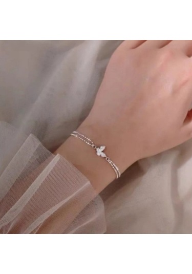 925 Ayar Gümüş Kristal Tasli Çift Sıra Zincirli Kelebek Bileklik