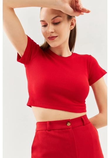 Kadın Kısa Kol Bisiklet Yaka Vücuda Oturan %100 Pamuklu Kaşkorse Esnek Crop Bluz Kırmızı