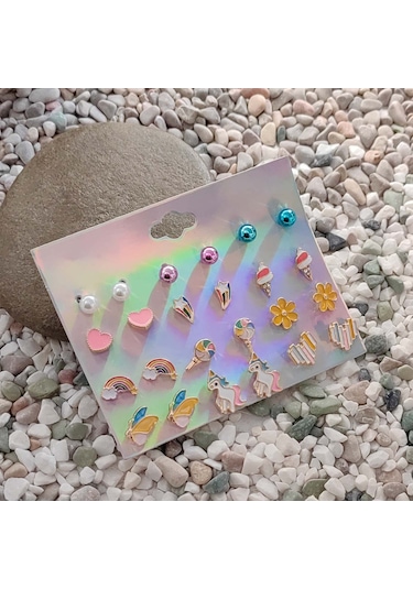 Chavin Çocuk Genç 12 Çift Mineli Figür Küpe Seti Er17 Çok Renkli