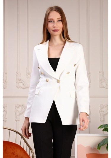 Aymeravm - Cep Kapaklı Düğmeli Kadın Ceket - Mck5102Ga Beyaz