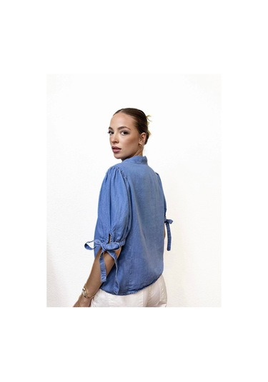 V Yaka Denim Kot Gömlek Mavi