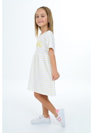 Toontoy Kız Çocuk Çizgili Elbise Açık Sarı