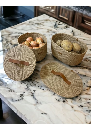 Hasır Sepet, 2'li Kapaklı Dekoratif Sepet, Çok Amaçlı Saklama Kutusu, Hasır Patates Soğan Sepeti