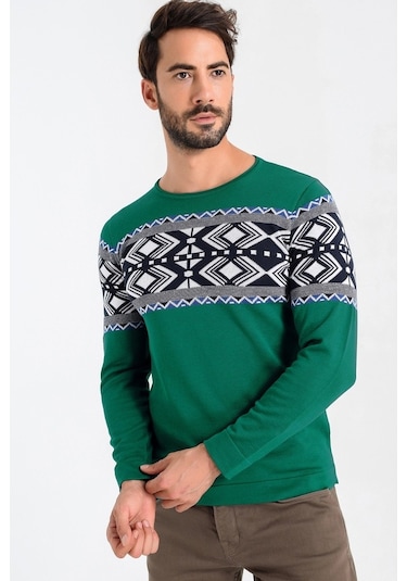 Heyss Bisiklet Yaka Desenli Yeşil Erkek Triko Kazak Yeşil