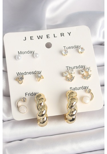 Pirinç Gold Renk Zirkon Taşlı Sarmal Halka Model 7'li Kadın Küpe Seti Çok Renkli