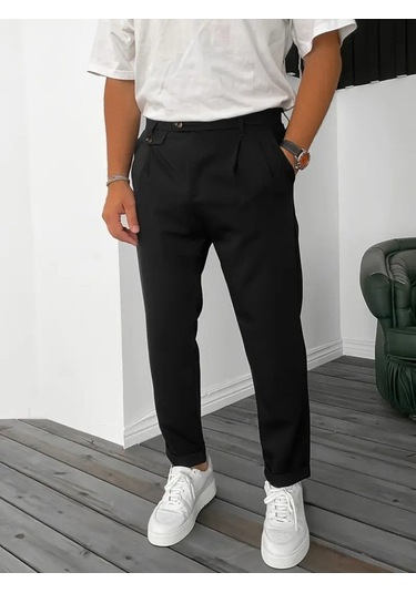 Erkek Belden Düğmeli Cepli Dokuma Pantolon Siyah