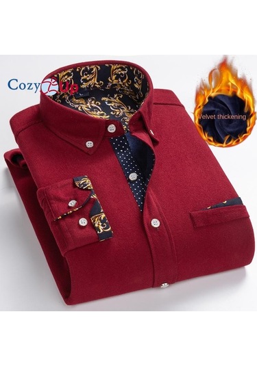 Cosy Up Fitilli Kadife Sıcak Erkek Polar Gömlek Kış İçin Sıcak Gömlek Kırmızı
