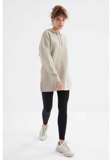 Tommy Life Koyu Bej Reglan Kol Basic Kapüşonlu Oversize Sweatshirt Tunik - 97242 Koyu Bej