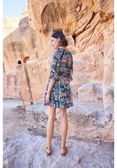 Monamise Kadın Etnik Desenli Truvakar Kollu V Yaka Elbise 23064
