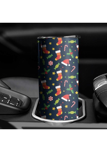 20oz Noel Desenli Paslanmaz Çelik Termos, Kapak Ve Pipetli, Çift Katlı Noel Çorap Şeker