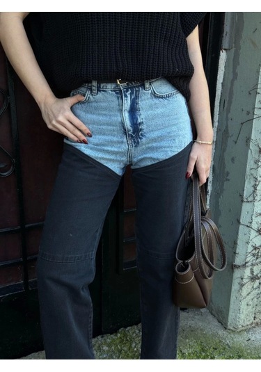 Sensuelle Jeans Kot Parçalı Palazzo Pantolon - Siyah Siyah