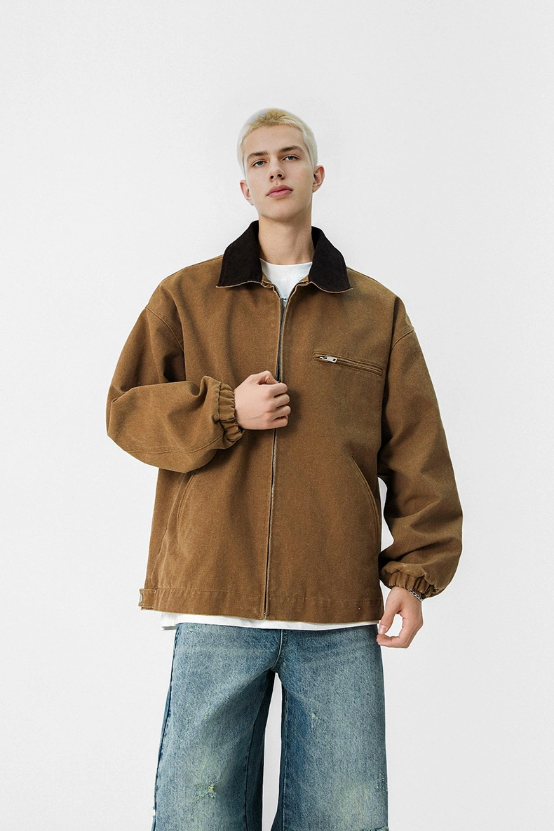 Snapbuy Yıkanmış Denim Ceket, Amerikan Retro Stili, Kontrast Yakalı, Bol Kesim Bej - Kahverengi