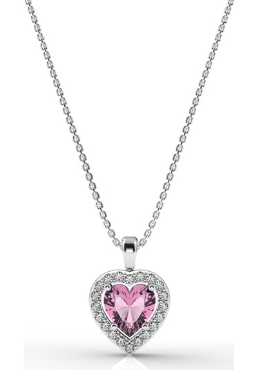 925 Ayar Pembe Taşlı Rodyum Pırlanta Görünümlü Kalp Gümüş Kolye Rn10308 Gümüş