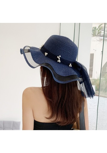 Şık Ve Zarif Bayanlar İçin İnci Detaylı Hasır Örgü Yazlık Güneş Şapkası Yeşil