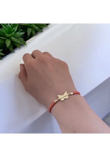 Zeynep İsmine Özel 14 Ayar Altın Plakalı Turuncu Derili Kelebek Motifli Hediye Bileklik-502isim Zeynep