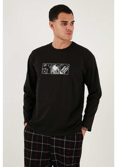 Buratti Ekoseli Pamuklu Regular Fit Yüksek Bel Bisiklet Yaka Erkek Pijama Takımı 6574000 Siyah