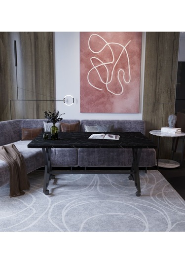 Makbulce Reyyan Orta Sehpa Siyah Metal Ayak Tekerlekli Siyah Mermer