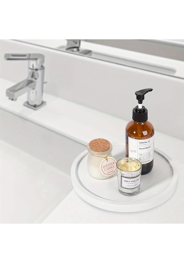 Willowhaven Beyaz Doğal Rubberwood Yuvarlak Dekoratif Tepsi - Çiftlik Evi, Modern Beyaz