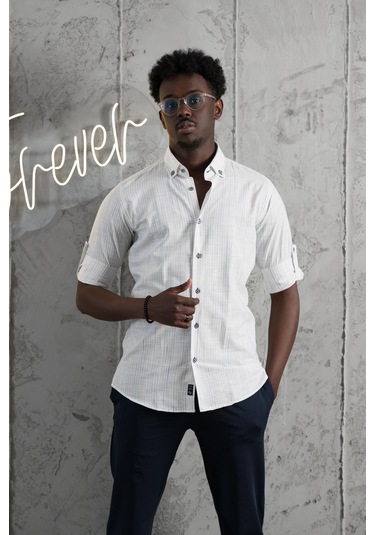 Advante İnce Çizgili Yaka Düğmeli Katlamalı Kol Pamuklu Slimfit Yazlık Keten Gömlek Mavi