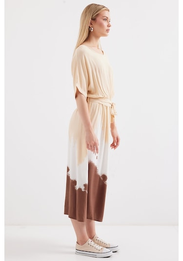 Bigdart 2504 Desenli Kısa Kol Viskon Elbise - Krem 001