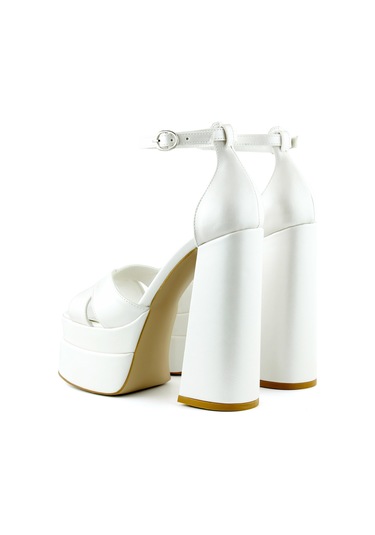 Erkan Saçmacı Celine İnci Beyaz Önü Açık Çapraz Bantlı Çift Platformlu Kalın Topuklu Abiye Gelin Ayakkabısı