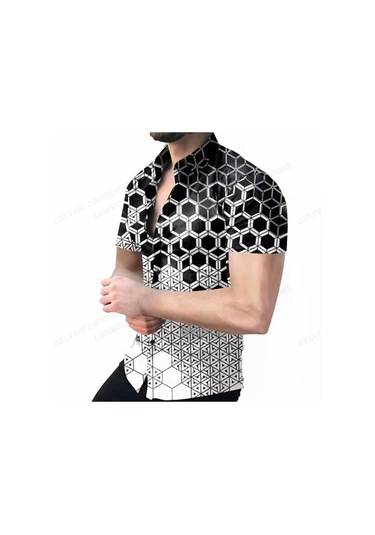 Snapbuy Erkek Geometrik 3d Baskılı Plaj Gömleği Kısa Kollu Hawaii Stil Küba Camisafildişi Fildişi