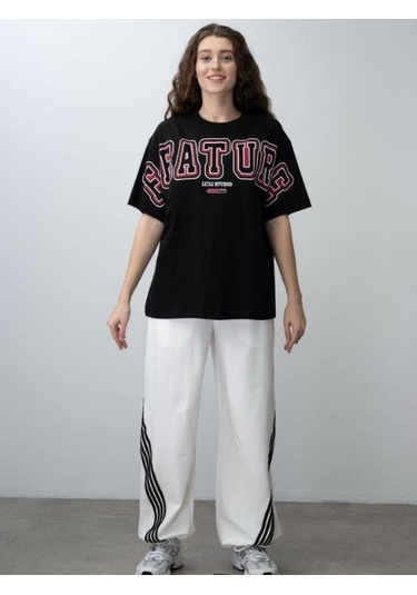 Kız Çocuk Future Baskılı Çizgili Oversize Eşofman Takım-15537 Siyah