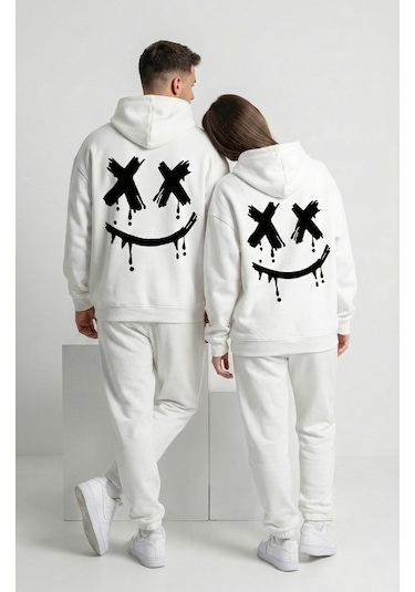 Unisex Smile Baskılı Sevgili Kombini Oversize Hoodie Seti Beyaz