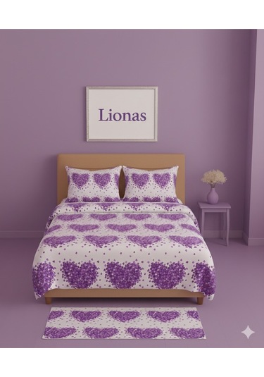 Çift Kişilik Desenli Nevresim + 2 Adet Kapaklı Yastık Kılıfı Mor