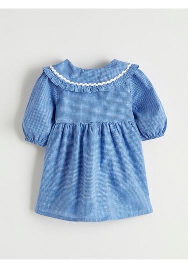 Meral Collection Mavi Nakışlı Bebe Yaka Kareli Kız Bebek Elbise Mavi