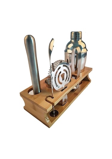 Pazly 10 Adet Paslanmaz Çelik Kokteyl Şarap Şekerleme Çalkalayıcı Bambu Base Seti 750ml