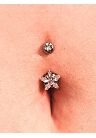 Çift Zirkon Taş Yıldız Detay Göbek Piercing 316l Cerrahi Çelik-gbkpr75