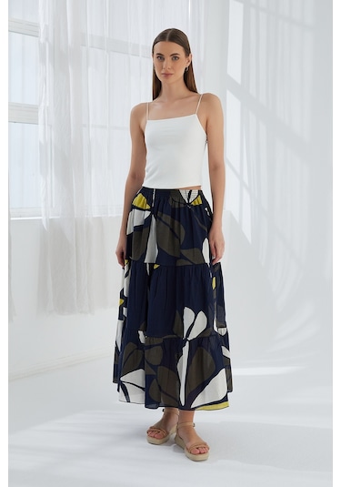Modaplaza Kadın Fırfırlı Uzun Etek- Çok Renkli K20YGLSFIRETKLACİ HAKİ Haki - Lacivert