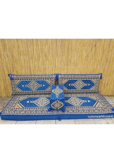 Şark Köşesi Minderi Saraylı Desenli İkili Sedir Takımı Süngerli Mavi