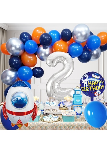 2 Yaş Uzay Temalı Doğum Günü Seti Uzay Mekiği Happy Birthday Yazı Renkli Balonlar Gümüş Folyo Rakam Çok Renkli
