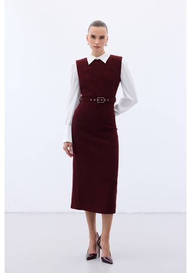 Kemerli Tüvit Elbise - Bordo-136578 Bordo