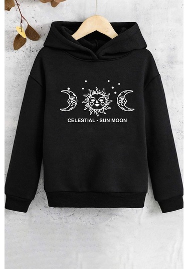 Çocuk Celestial Sun Moon Baskılı Sweatshirt Siyah