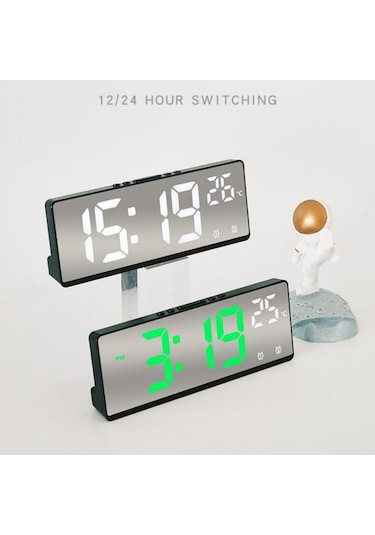 Yeşil Ses Kontrolü İle Dijital Ayna Çalar Saat Sıcaklık, Çift Alarm Erteleme Masaüstü Masa Saati Gece Modu 12/24 H Led Saat