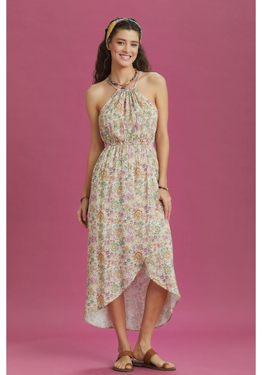 Önü Kısa Arkası Uzun Çiçek Desenli Anvelop Elbise 001