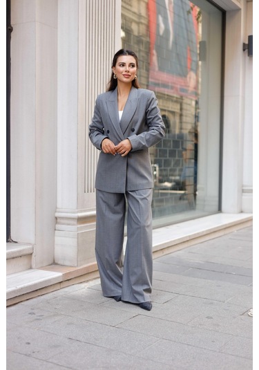 4 Düğmeli Kruvaze Geniş Çizgili Takım Gri Gri