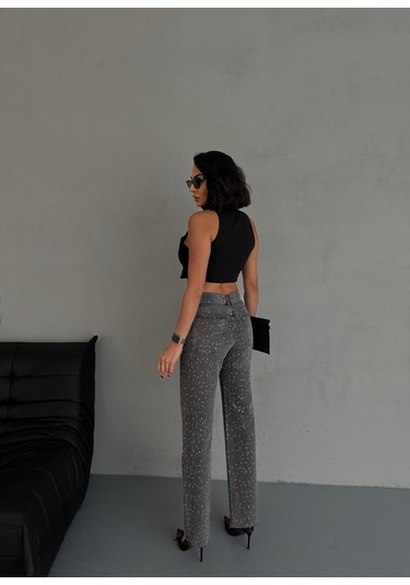 Kadın Taşlı Premium Gri Kot Pantolon Gri