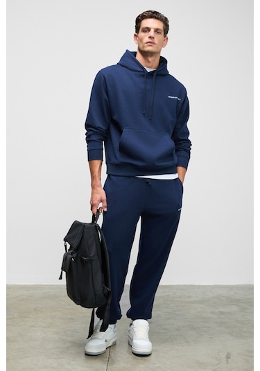 MARSHALLHOODIE Erkek Pamuklu İçi Polarlı Nakışlı Relaxed Koyu Lacivert Eşofman Takımı